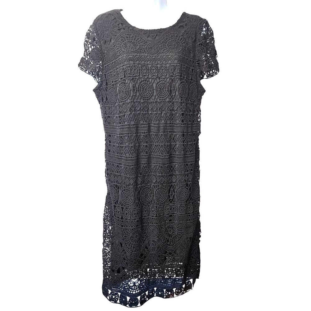 Vintage 90s Black Crochet Lace Short Sleeve Shift Dress L/XL Geometric Boho Goth
